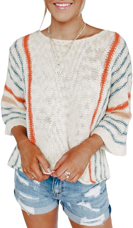 51Jm0PBRb-L._AC Womens 2024 Cute Spring Summer Color Block Striped Lightweight Comfy Cable Knit Beach Boho Clothes Pullover Sweaters