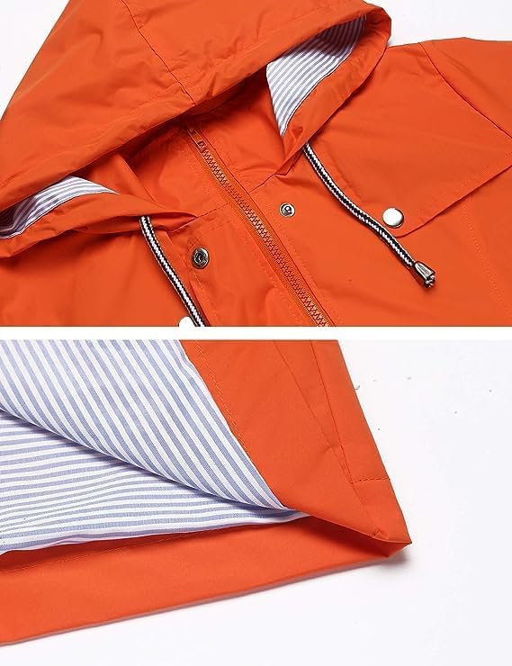 Rain Jacket Women Striped Lined Hooded Lightweight Raincoat Outdoor Waterproof Windbreaker