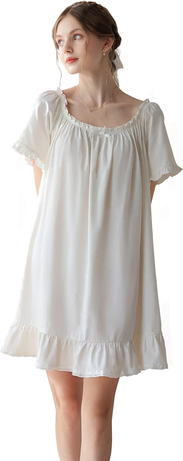 611dJQwo1KL._AC_SL1500 Women's Cotton Nightgowns Vintage Lightweight Gown Sets Short Sleeve Princess Nightdress