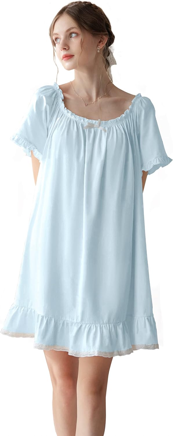 61AVBz1W6SL._AC_SL1500 Women's Cotton Nightgowns Vintage Lightweight Gown Sets Short Sleeve Princess Nightdress