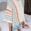 61YbyPCDifL._AC Womens 2024 Cute Spring Summer Color Block Striped Lightweight Comfy Cable Knit Beach Boho Clothes Pullover Sweaters