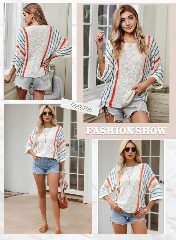 61c0-c6iSDL._AC Womens 2024 Cute Spring Summer Color Block Striped Lightweight Comfy Cable Knit Beach Boho Clothes Pullover Sweaters
