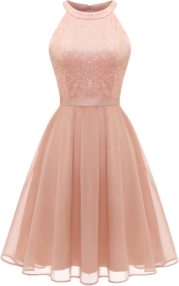 Sequin Halter Prom Dress for Women Party Night Elegant Wedding Bridesmaid Dresses