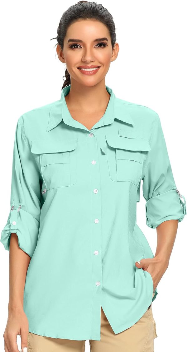 Women's UPF 50 Long Sleeve UV Sun Protection Safari Shirts Outdoor Quick Dry Fishing Hiking Travel Shirts