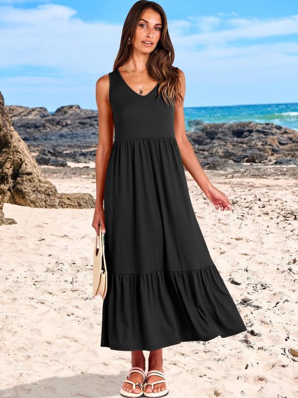 ANRABESS Women's Summer Casual Sleeveless V Neck Swing Dress Fit & Flare Flowy Tiered Maxi Beach Sundress with Pockets