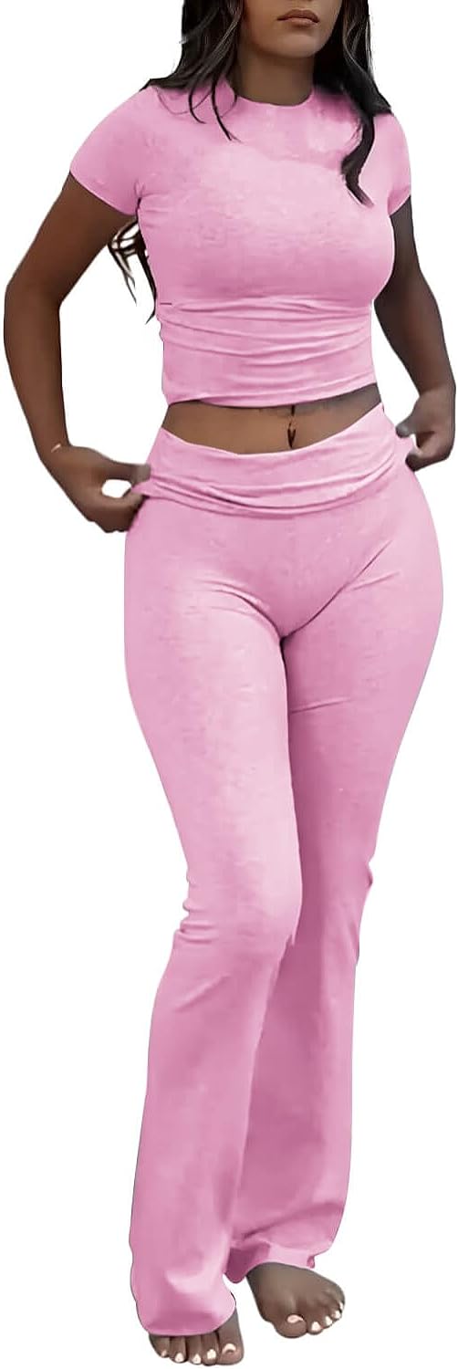 Casual Workout Two Piece Outfits for Women Short Sleeve Crop High Waist Foldover Flare Pants Tracksuit Sets Streetwear
