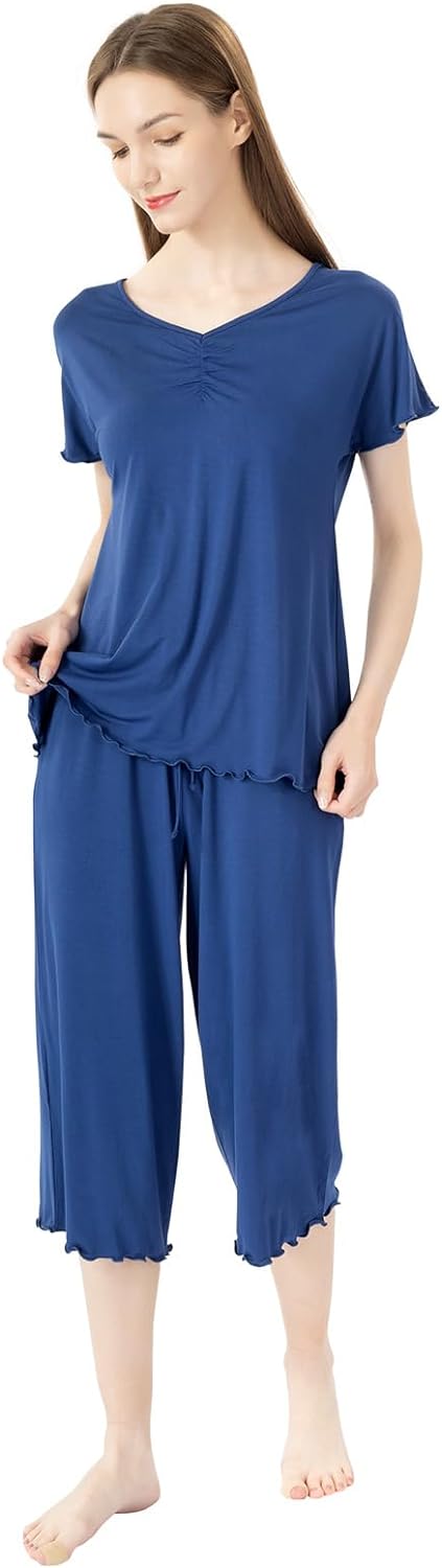51MmuEBY24L._AC_SL1500 Soft Bamboo Viscose Pajamas Set for Women Summer Sleepwear Pjs Comfy Short Sleeve Tops Capri Pants Sets