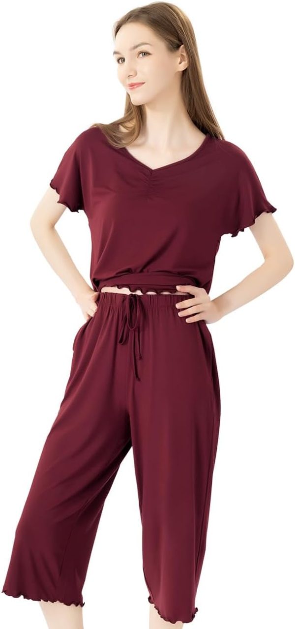 51XVNeZmi2L._AC_SL1299 Soft Bamboo Viscose Pajamas Set for Women Summer Sleepwear Pjs Comfy Short Sleeve Tops Capri Pants Sets