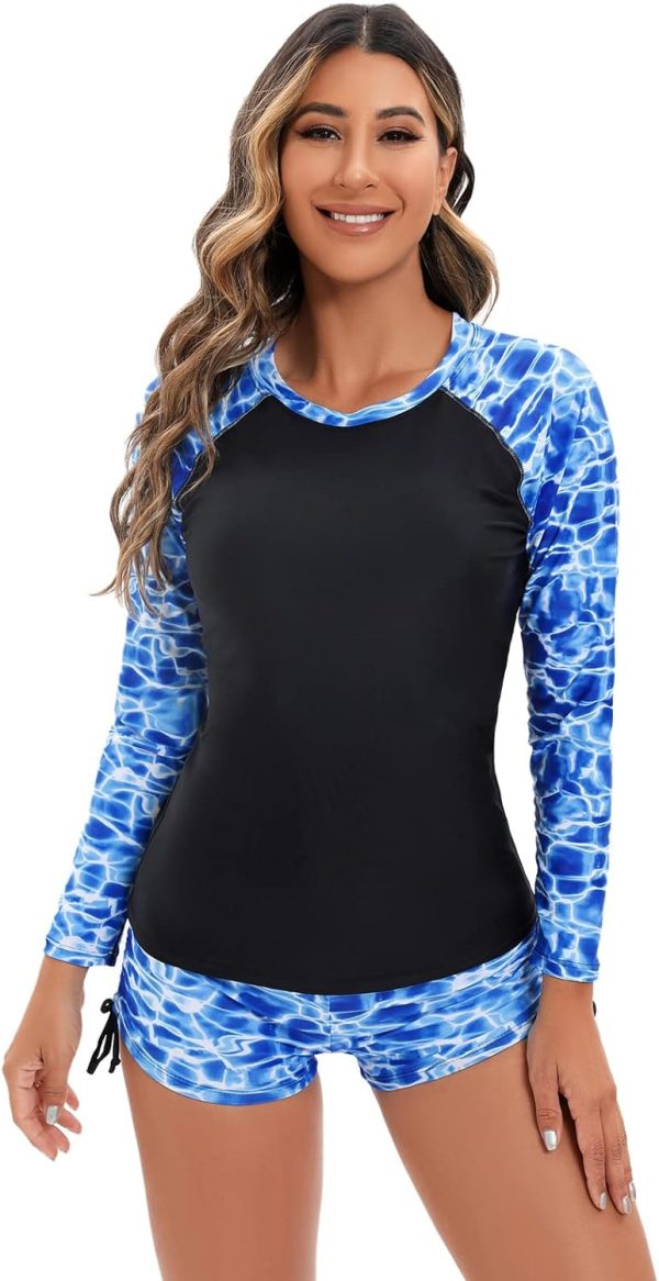 Women 2 Piece Rash Guard Long Sleeve Swimsuits Swim Shirt with Shorts Set Sun Protection UPF 50+ Surf Bathing Suits