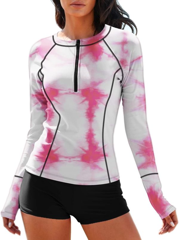 Women Two Piece Rash Guard Long Sleeve Half-Zipper UPF 50 Athletic Surfing Swimsuit