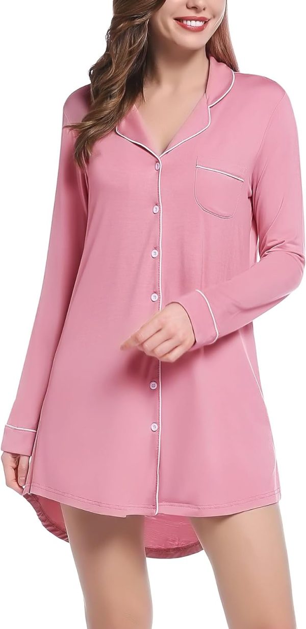 615Ny7suFqL._AC_SL1500 Womens Bamboo Viscose Sleep Shirt Long Sleeve Button Down Nightgowns Boyfriend Nightshirt S-XXL
