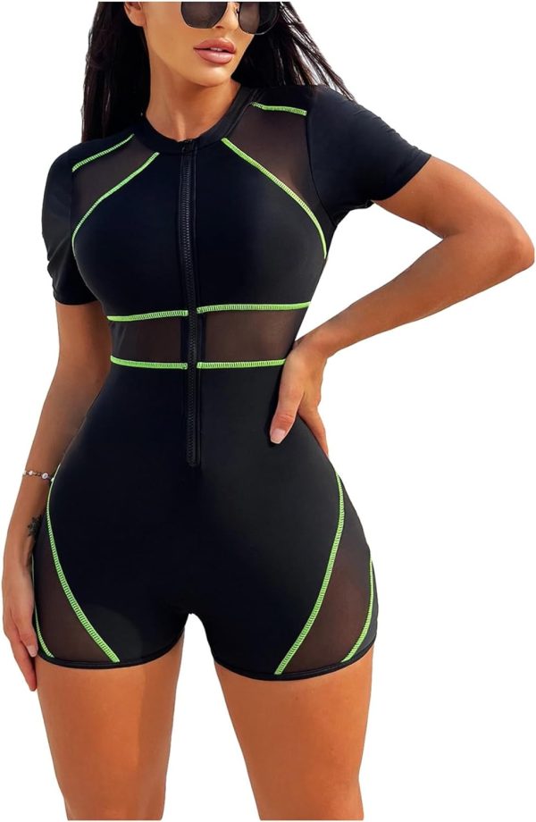 Women's Colorblock Mesh Zipper Diving Suit One Piece Swimsuit Short Sleeve Bathing Suit