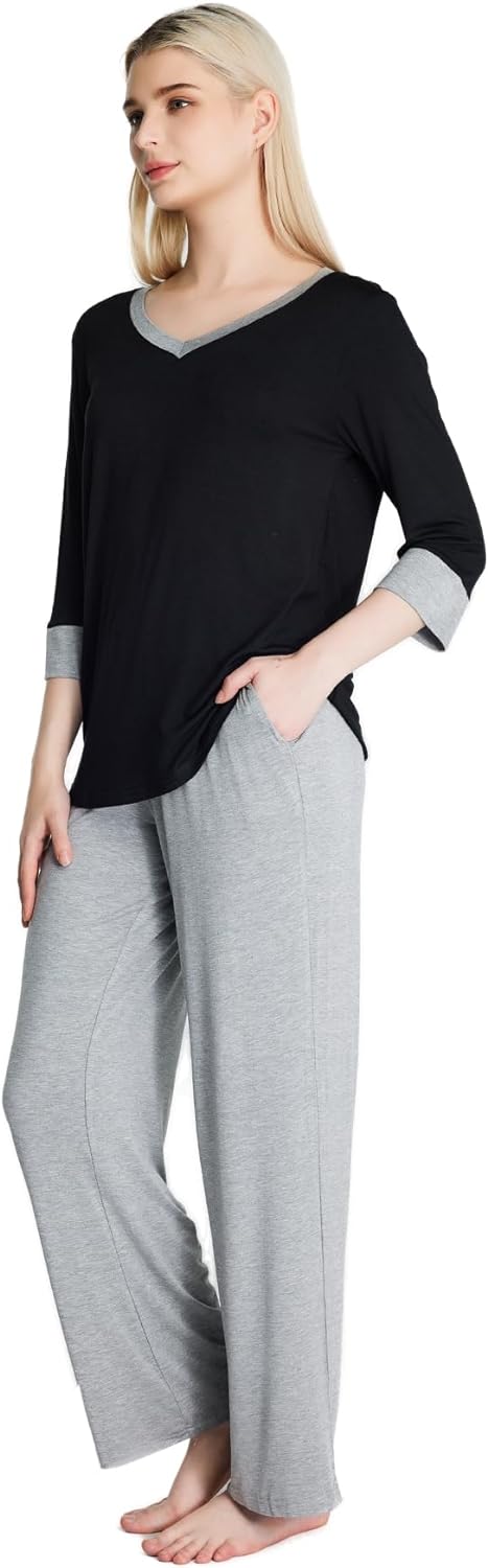 Loungewear Set pajamas Womens sleepwear Bamboo Viscose Capri Sleeve t shirt Long Pants Super Soft Novelty Pjs Set
