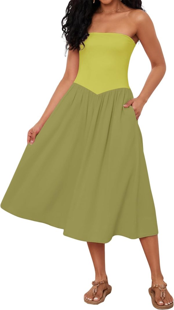 61EgAijwAHL._AC_SL1500 Women Off Shoulder Midi Dress Strapless Sleeveless Drop-Waist A Line Tube Dress Trendy Summer Swing Patchwork Dress