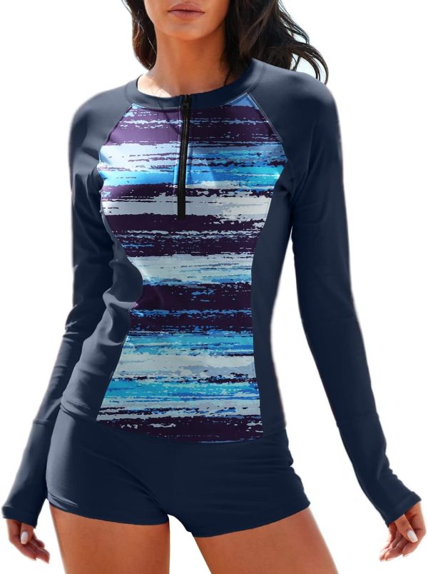 Women Two Piece Rash Guard Long Sleeve Half-Zipper UPF 50 Athletic Surfing Swimsuit