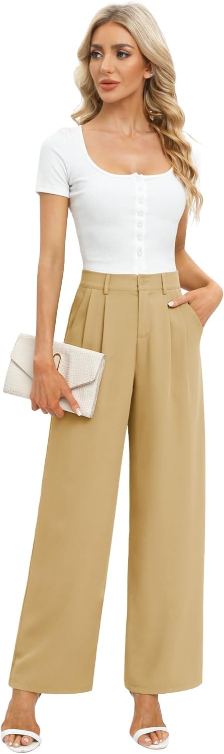 61LJhuT20zL._AC_SL1500 Women's Business Work Trousers High Waisted Wide Leg Pants Long Straight Suit Pants with Pocket