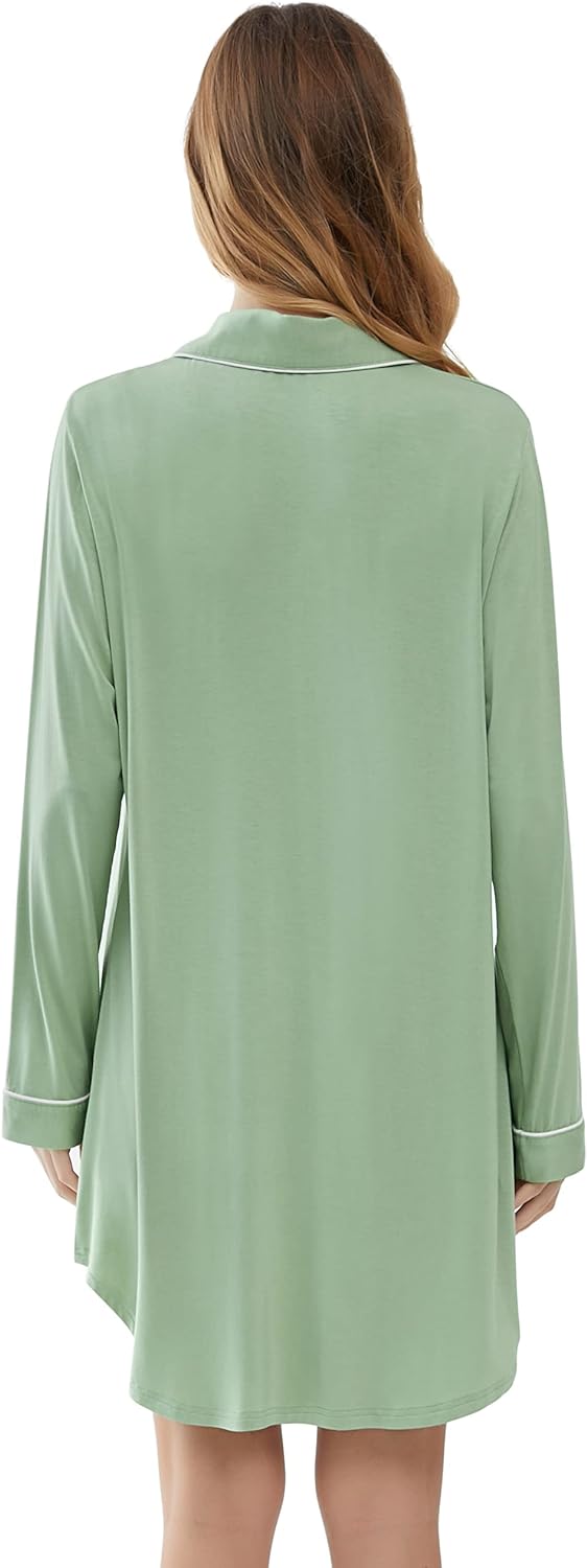 61PvAmPkYJL._AC_SL1500 Womens Bamboo Viscose Sleep Shirt Long Sleeve Button Down Nightgowns Boyfriend Nightshirt S-XXL