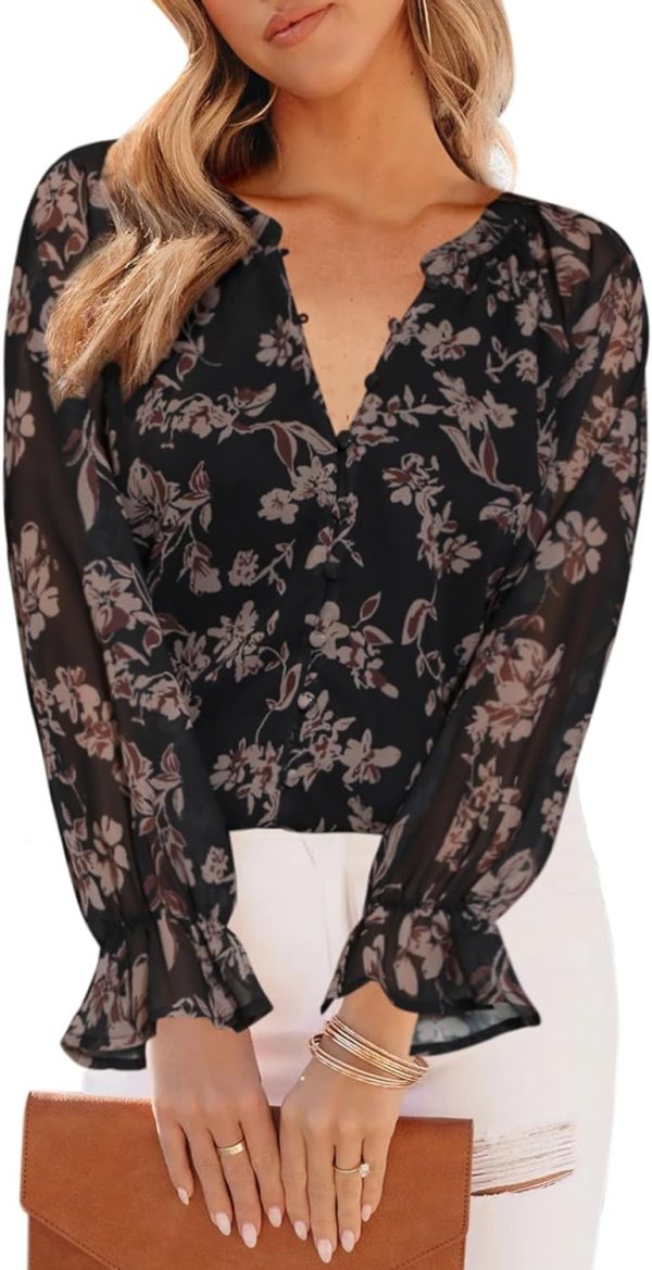 Womens Casual Boho Floral Print V Neck Long Sleeve Blouses Button Down Shirts Dressy Chiffon Loose Ruffle Tops