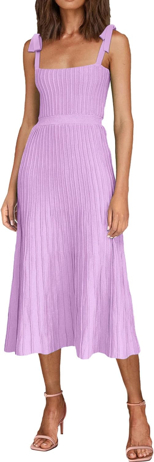 Women's 2024 Summer Maxi Dresses Tie Spaghetti Strap Square Neck Ribbed Knit Dress