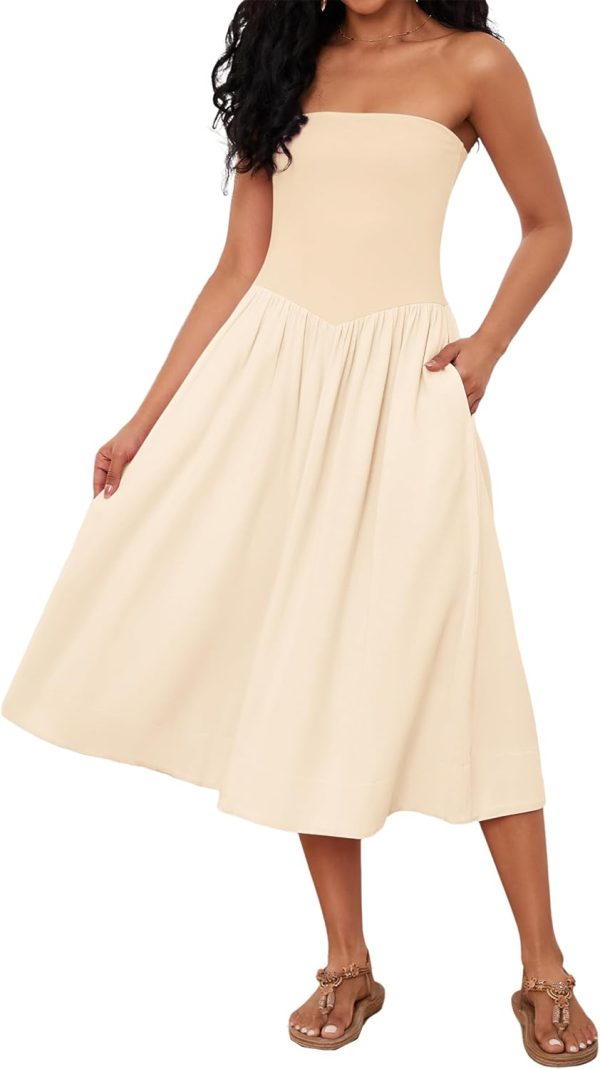 61c7ZR6owuL._AC_SL1500 Women Off Shoulder Midi Dress Strapless Sleeveless Drop-Waist A Line Tube Dress Trendy Summer Swing Patchwork Dress