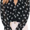 Womens Casual Boho Floral Print V Neck Long Sleeve Blouses Button Down Shirts Dressy Chiffon Loose Ruffle Tops