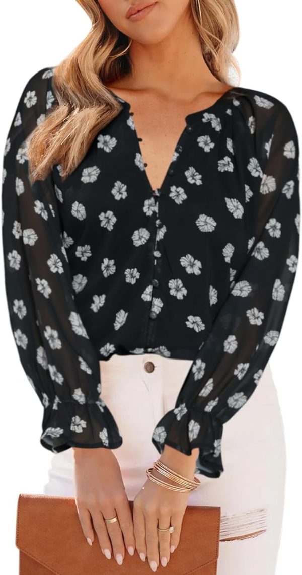 Womens Casual Boho Floral Print V Neck Long Sleeve Blouses Button Down Shirts Dressy Chiffon Loose Ruffle Tops