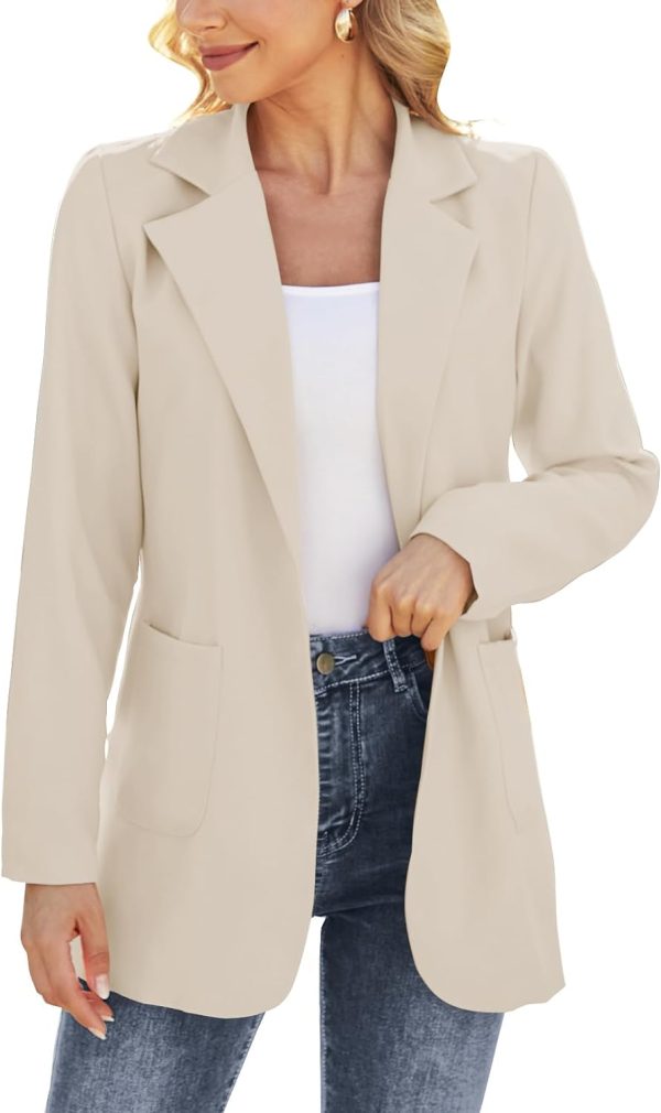 Women Open Front Blazers Long Sleeve Casual OL Office Slim Buttonless Suit Jacket with Pockets