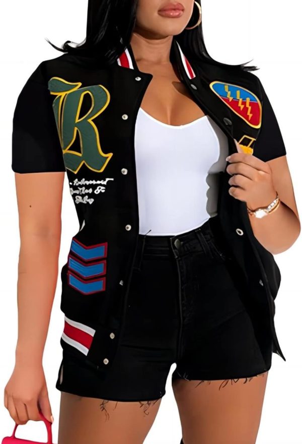 61ieTpcFUkL._AC_SL1500 Button Down Shirts for Women Short Sleeve Cropped Varsity Jacket for Women Summer Tops for Women 2024 S-XXL