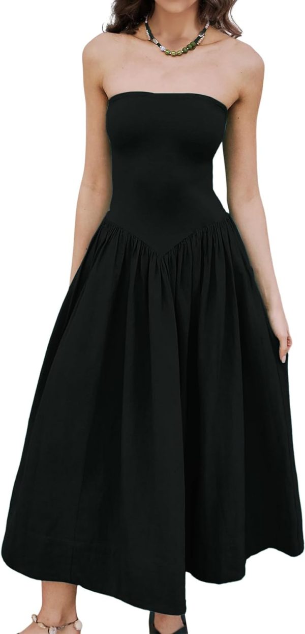 61vYS3fMgVL._AC_SL1500 Women Off Shoulder Midi Dress Strapless Sleeveless Drop-Waist A Line Tube Dress Trendy Summer Swing Patchwork Dress