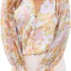 Womens Casual Boho Floral Print V Neck Long Sleeve Blouses Button Down Shirts Dressy Chiffon Loose Ruffle Tops