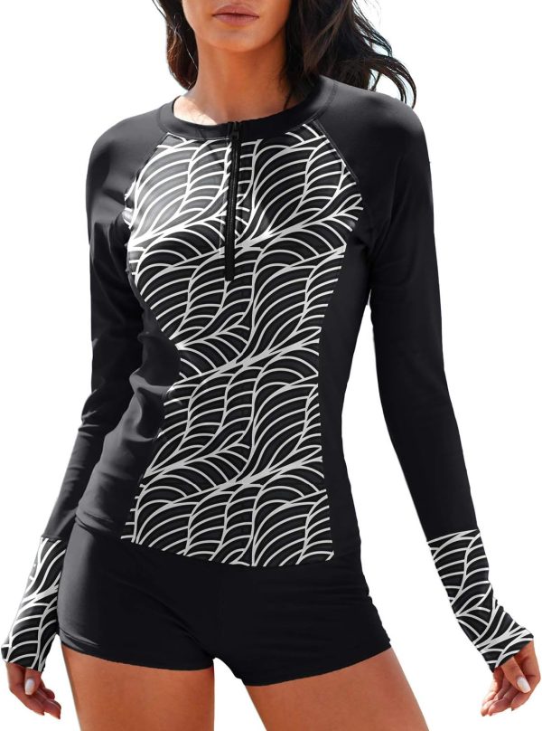 Women Two Piece Rash Guard Long Sleeve Half-Zipper UPF 50 Athletic Surfing Swimsuit