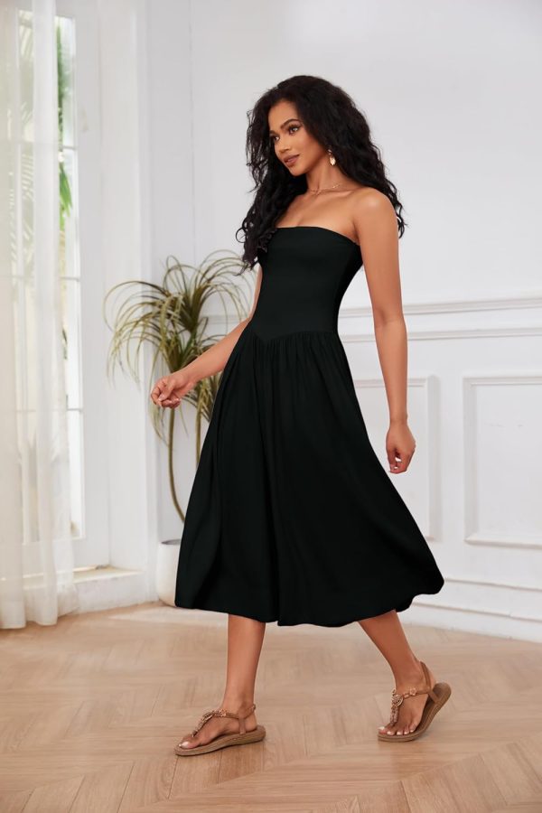 71AMakxZuRL._AC_SL1500 Women Off Shoulder Midi Dress Strapless Sleeveless Drop-Waist A Line Tube Dress Trendy Summer Swing Patchwork Dress