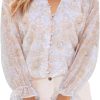 Womens Casual Boho Floral Print V Neck Long Sleeve Blouses Button Down Shirts Dressy Chiffon Loose Ruffle Tops