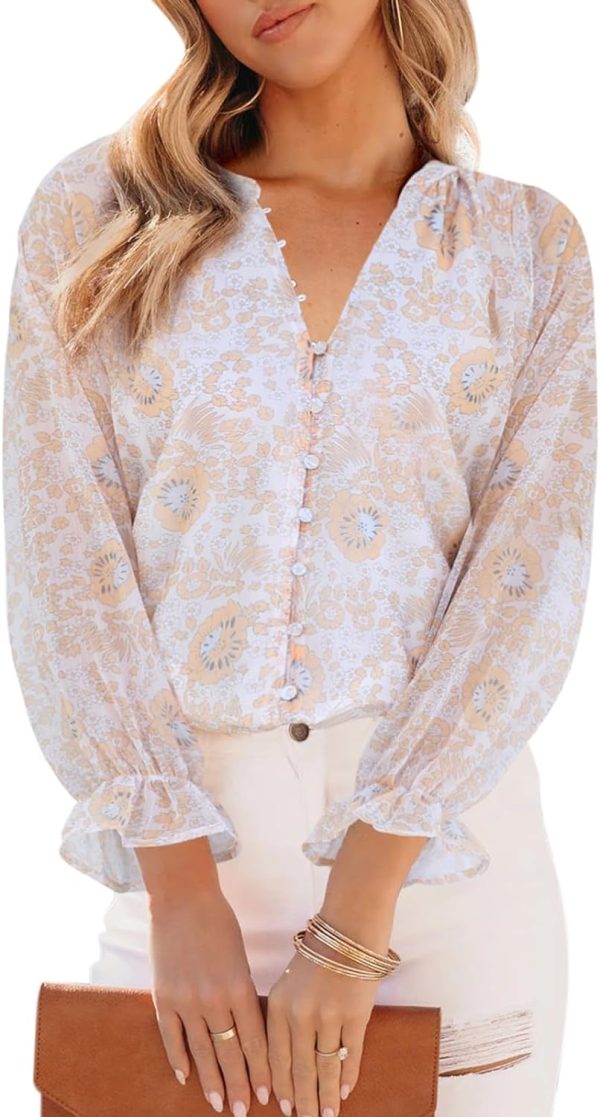 Womens Casual Boho Floral Print V Neck Long Sleeve Blouses Button Down Shirts Dressy Chiffon Loose Ruffle Tops