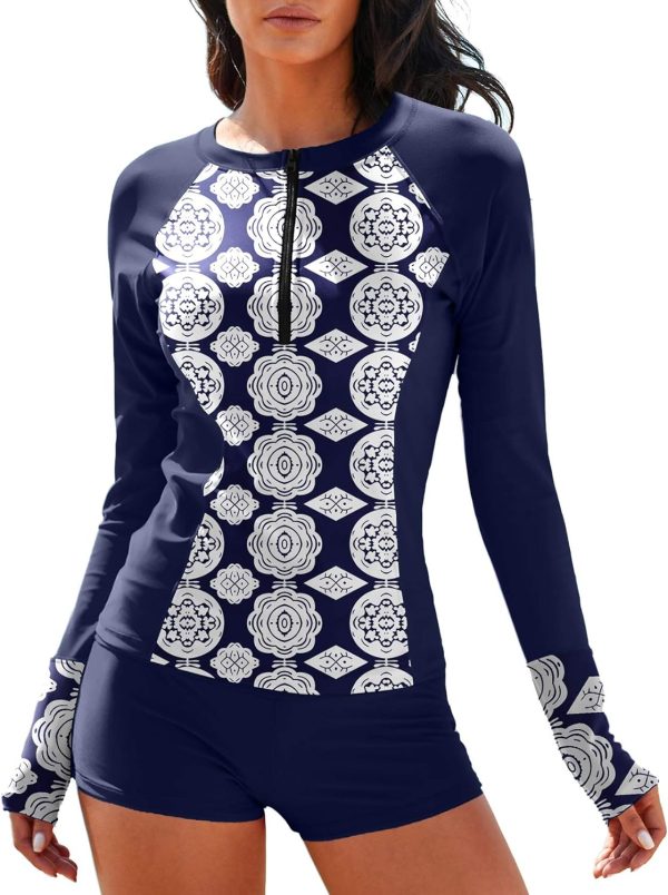 Women Two Piece Rash Guard Long Sleeve Half-Zipper UPF 50 Athletic Surfing Swimsuit