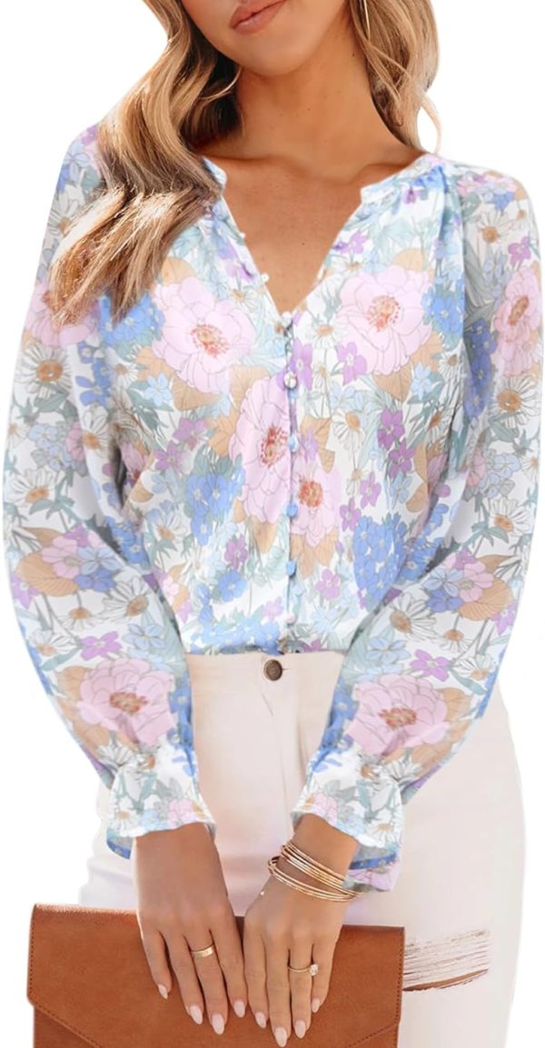 Womens Casual Boho Floral Print V Neck Long Sleeve Blouses Button Down Shirts Dressy Chiffon Loose Ruffle Tops