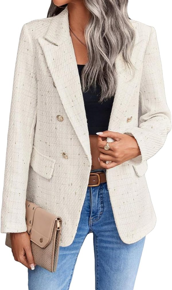 Womens Casual Blazer 2024 Spring Open Front Business Work Tweed Plaid Jacket Suit Pocket (S-XXL)