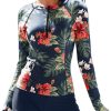 Women Two Piece Rash Guard Long Sleeve Half-Zipper UPF 50 Athletic Surfing Swimsuit