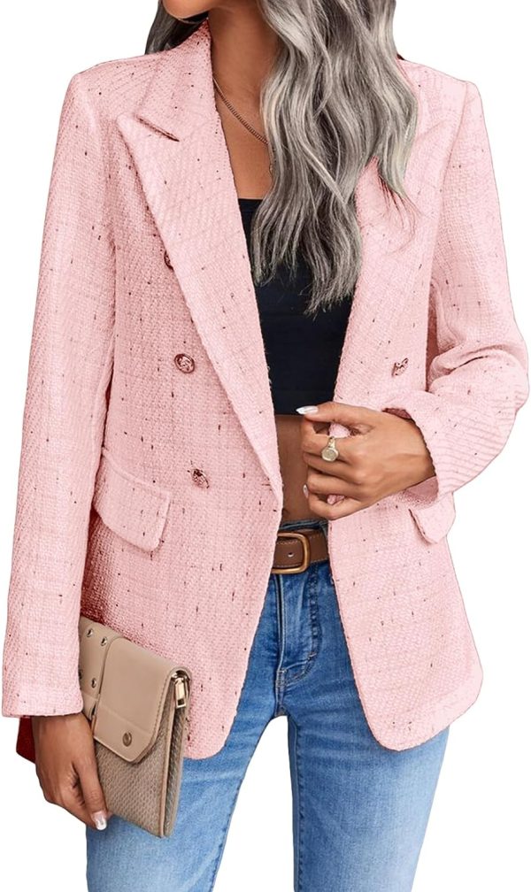 Womens Casual Blazer 2024 Spring Open Front Business Work Tweed Plaid Jacket Suit Pocket (S-XXL)
