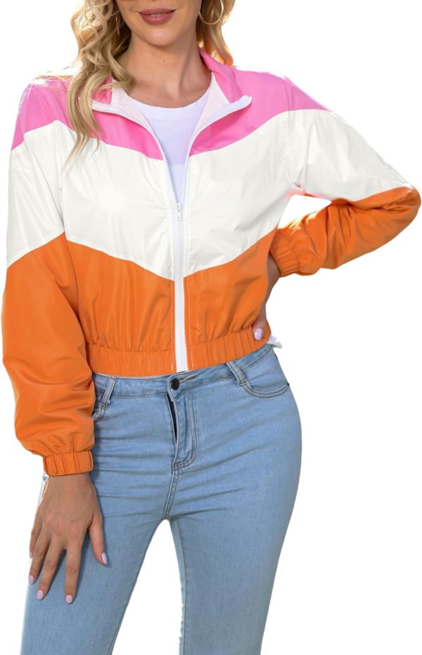 Women’s Lightweight Windbreaker Sport Jacket Zip Up Color Block Coat Casual Long Sleeve Jogging Outerwear