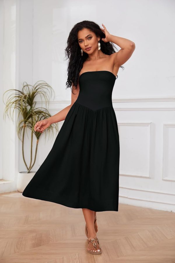 71XMBOmIkrL._AC_SL1500 Women Off Shoulder Midi Dress Strapless Sleeveless Drop-Waist A Line Tube Dress Trendy Summer Swing Patchwork Dress