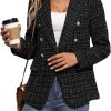 Womens Casual Blazer 2024 Spring Open Front Business Work Tweed Plaid Jacket Suit Pocket (S-XXL)