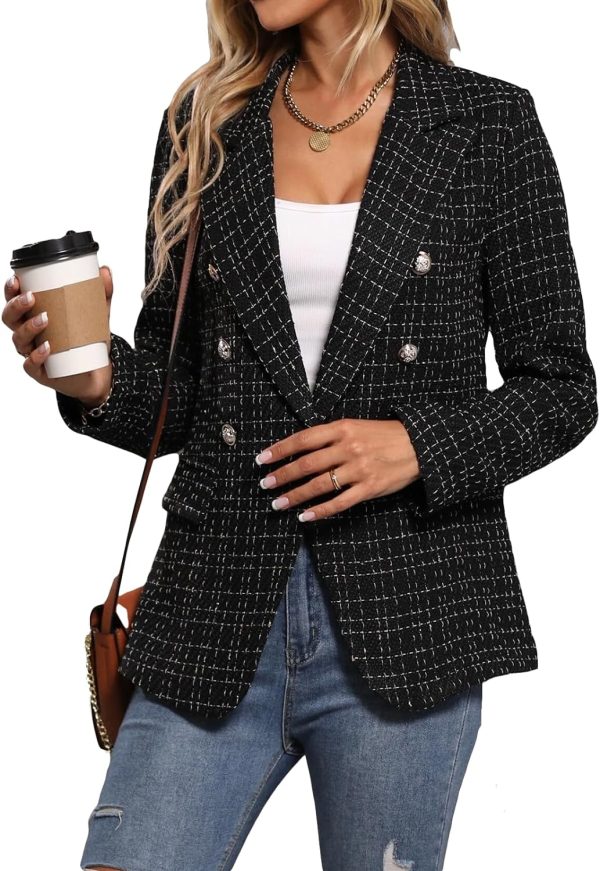 Womens Casual Blazer 2024 Spring Open Front Business Work Tweed Plaid Jacket Suit Pocket (S-XXL)