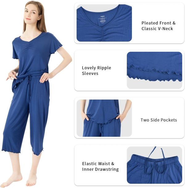 71gMFlTE8WL._AC_SL1500 Soft Bamboo Viscose Pajamas Set for Women Summer Sleepwear Pjs Comfy Short Sleeve Tops Capri Pants Sets