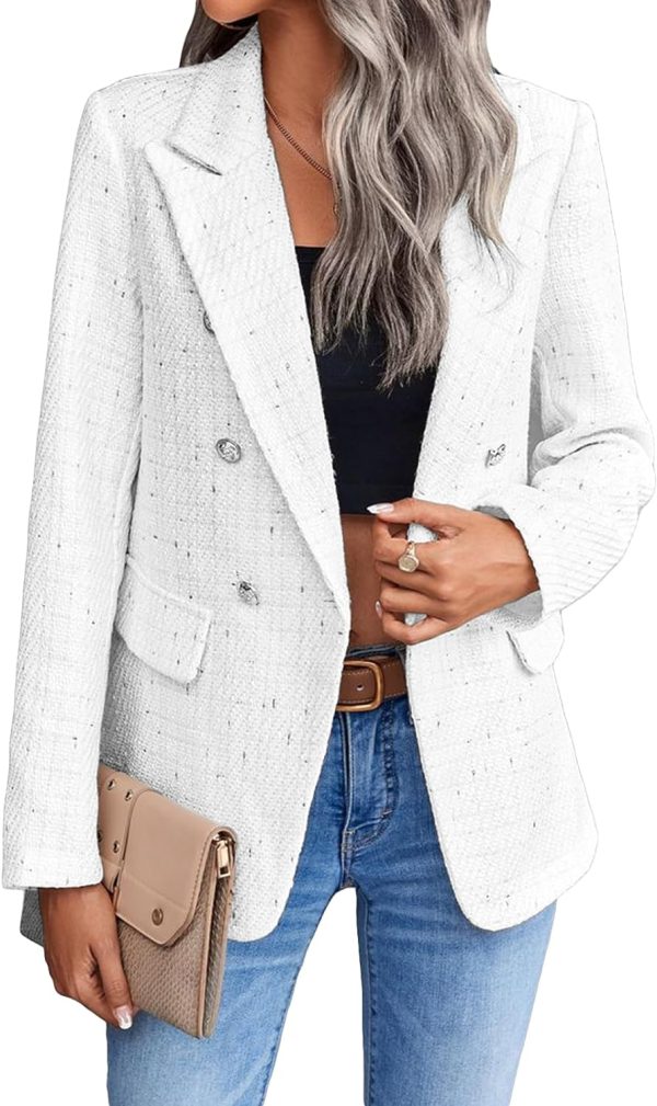 Womens Casual Blazer 2024 Spring Open Front Business Work Tweed Plaid Jacket Suit Pocket (S-XXL)