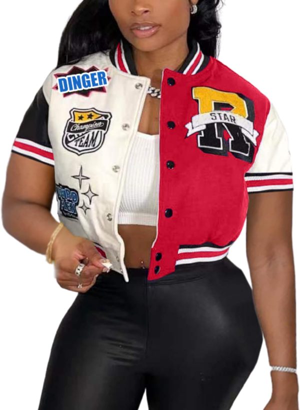 71t9vAVnCeL._AC_SL1500 Button Down Shirts for Women Short Sleeve Cropped Varsity Jacket for Women Summer Tops for Women 2024 S-XXL