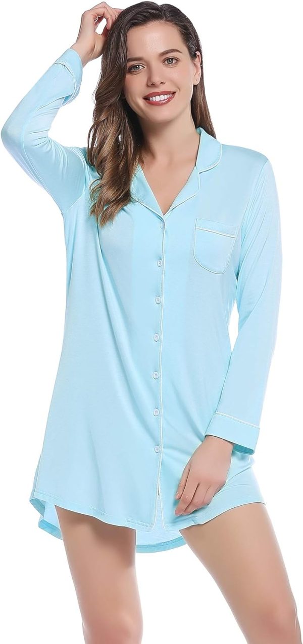 71uABaQS1EL._AC_SL1500 Womens Bamboo Viscose Sleep Shirt Long Sleeve Button Down Nightgowns Boyfriend Nightshirt S-XXL