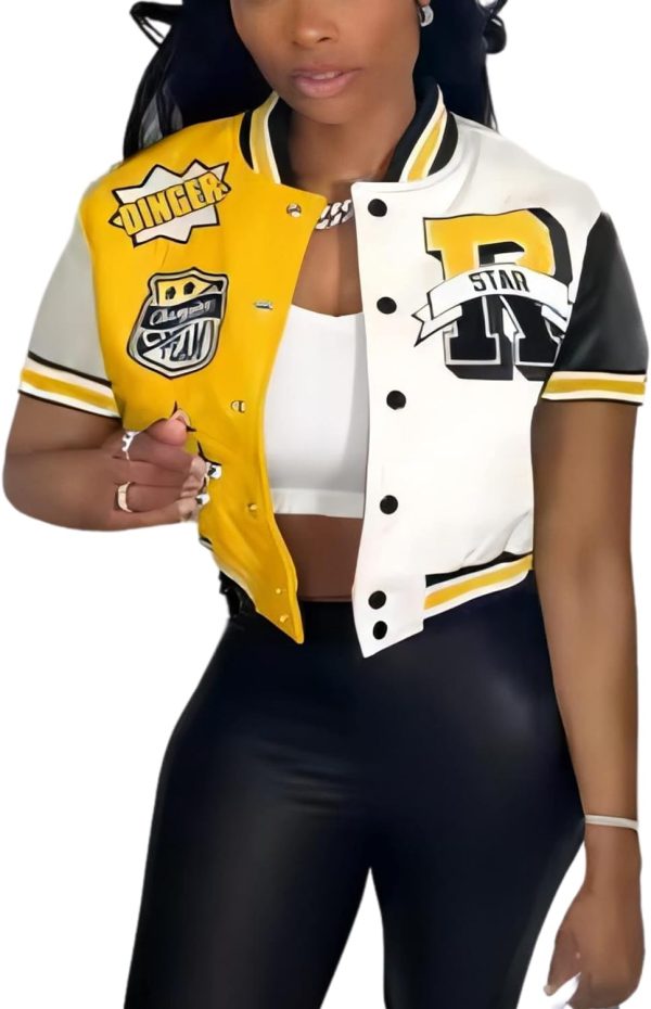 71w0lX2xoQL._AC_SL1500 Button Down Shirts for Women Short Sleeve Cropped Varsity Jacket for Women Summer Tops for Women 2024 S-XXL