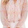 Womens Casual Boho Floral Print V Neck Long Sleeve Blouses Button Down Shirts Dressy Chiffon Loose Ruffle Tops