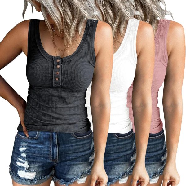 3 Pack Women Tank Tops Ribbed Summer Casual Sleeveless Basic Cami Top Slim Henley Button Down Blouses